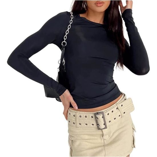 T-shirt Femme Manches Longues Crop Top Y2K - Col Rond Slim - Basique élastique - Streetwear Décontracté