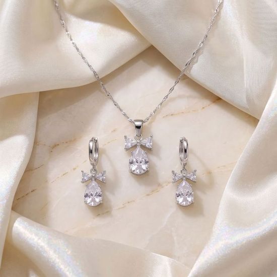 Parure De Bijoux Femme Argent 925 – Collier Chat & Boucles D'Oreilles Avec Cristal Autrichien
