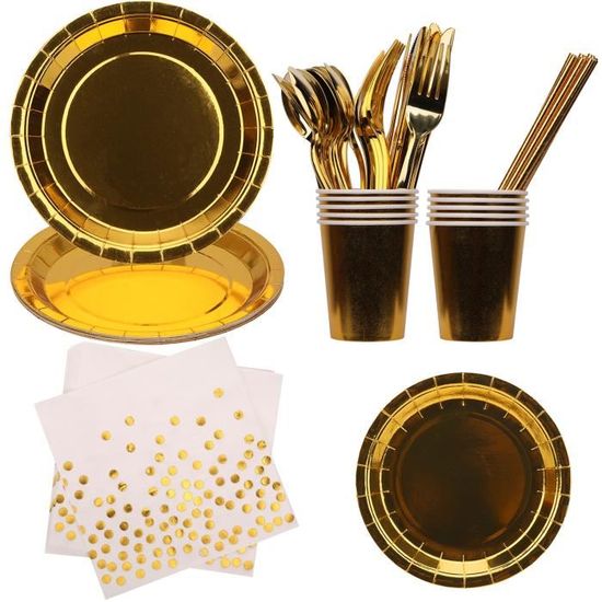 HEKU Kit Fête Jetable 120 Pièces Jaune - Pour 30 Invités : Assiettes, Gobelets & Serviettes