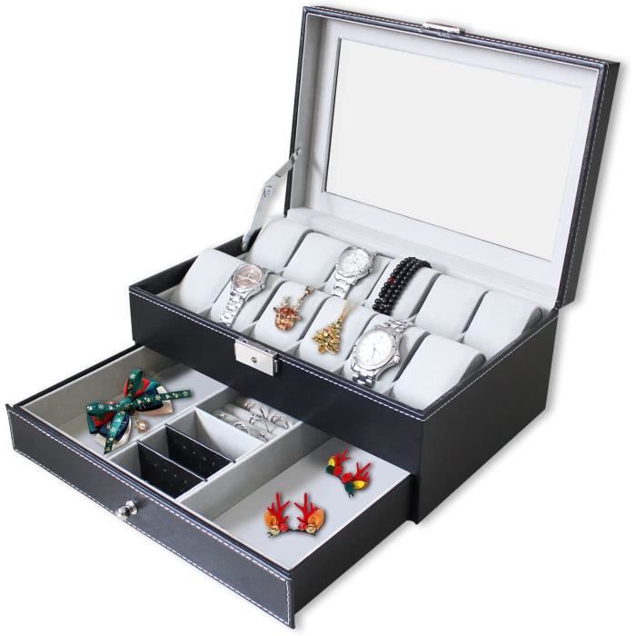 Boîte à Montre Coffret à Rangement avec Serrure,Présentoir Double Couche,Présentoir à Montre et Bijoux en Cuir PU Écrin -12 Grilles