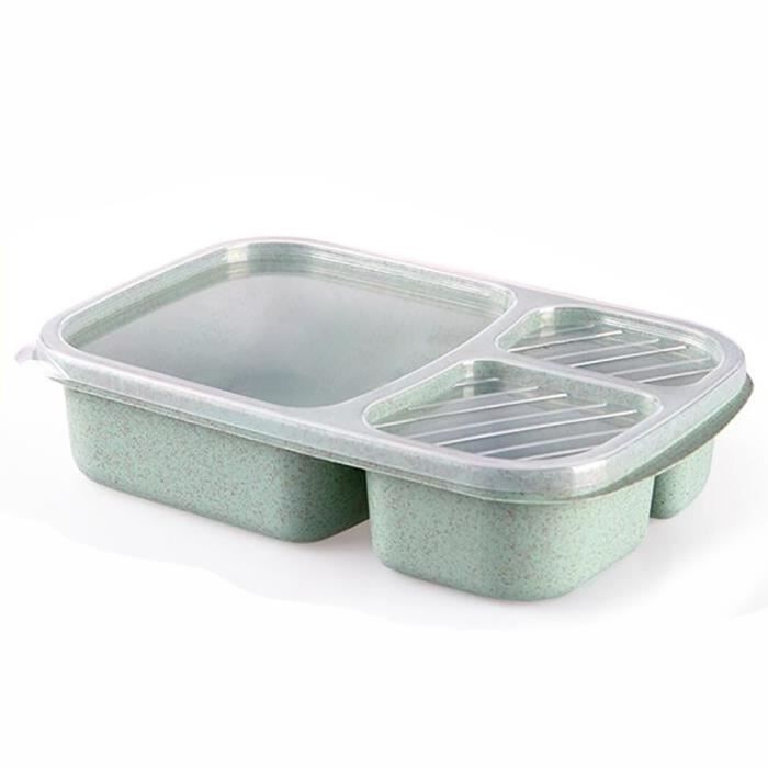 Boîte à lunch boîte à bento 3 compartiments divisés ustensiles de cuisine pour micro-ondes Vert