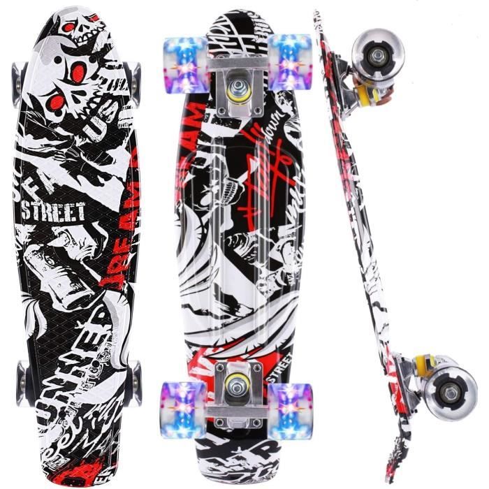 22'' Skateboard ABEC-7 portant PU roue avec roues LED Blanc&Noir