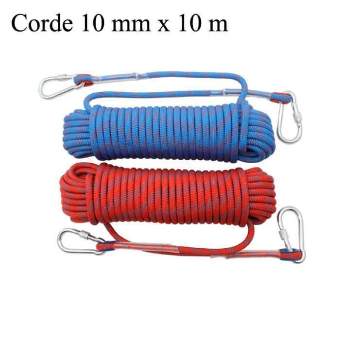 Corde nylon Corde 10 mm x 10 m - Corde De Sécurité d'escalade Alpinisme Sauvetage Corde avec 2 Mousquetons charge 700kg