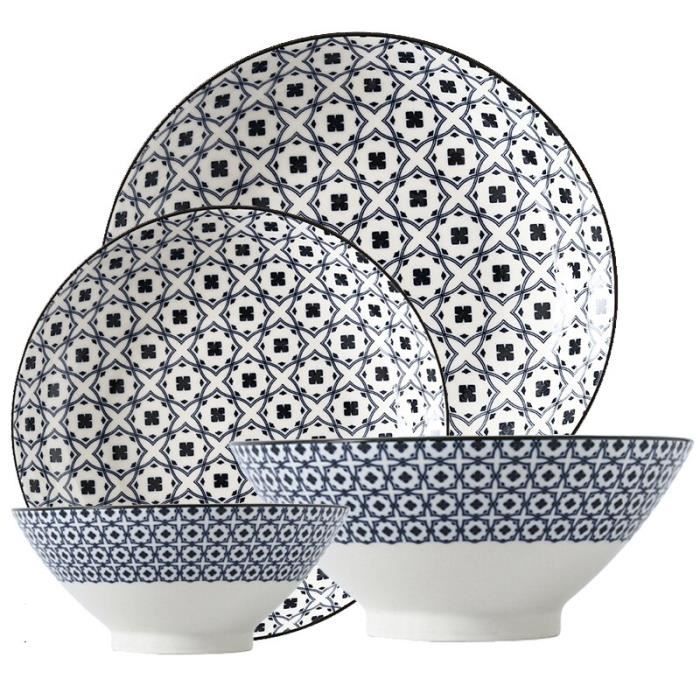 Assiette,Ensemble de 4 bols à chapeau en bambou, assiette en céramique, sous-glaçage, vaisselle en porcelaine de forme - Type 9