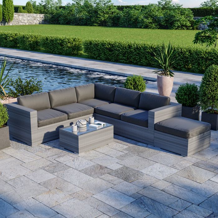 Salon de jardin résine tressée d'angle fonctionnel avec coffre de rangement intégré - gris - FARENZA