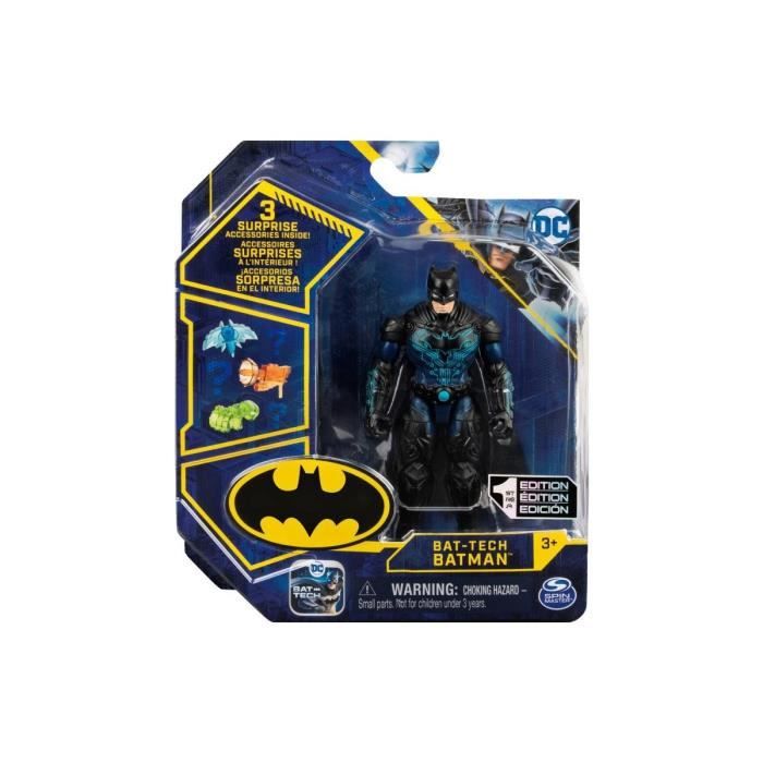 Coffret Figurine Bat Tech Batman 10 cm Tenue Noir Et bleu Avec 3 Accessoires DC Set Personnage Super Heros Nouveaute