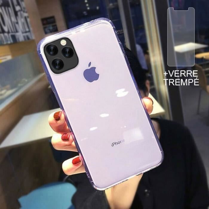 Coque iPhone 12 Pro + Verre trempé Protection écran,Souple Silicone étui Protecteur Bumper Clair Violet