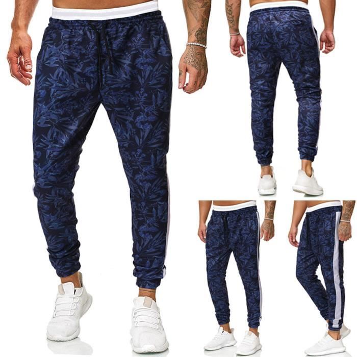Pantalons de sport décontractés longs pour hommes Pantalons imprimés coupe ajustée Pantalons de survêtement de jogging Bleu