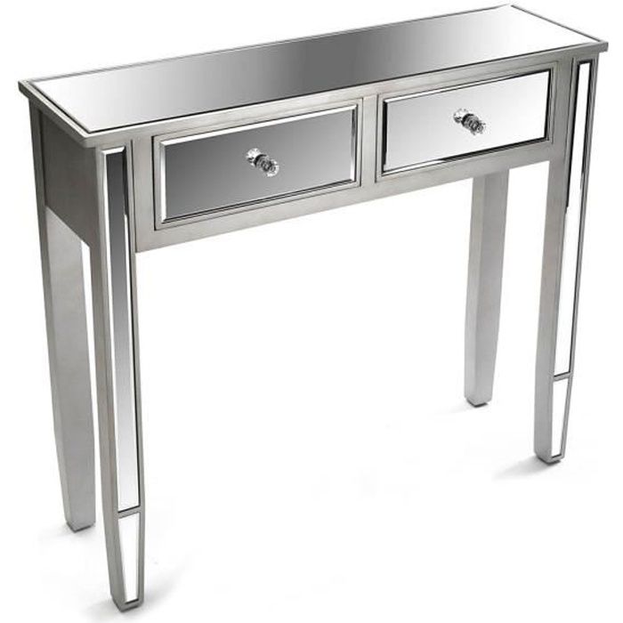 Console argentée avec 2 tiroirs miroir - L 90 x l 26 x H 80 cm