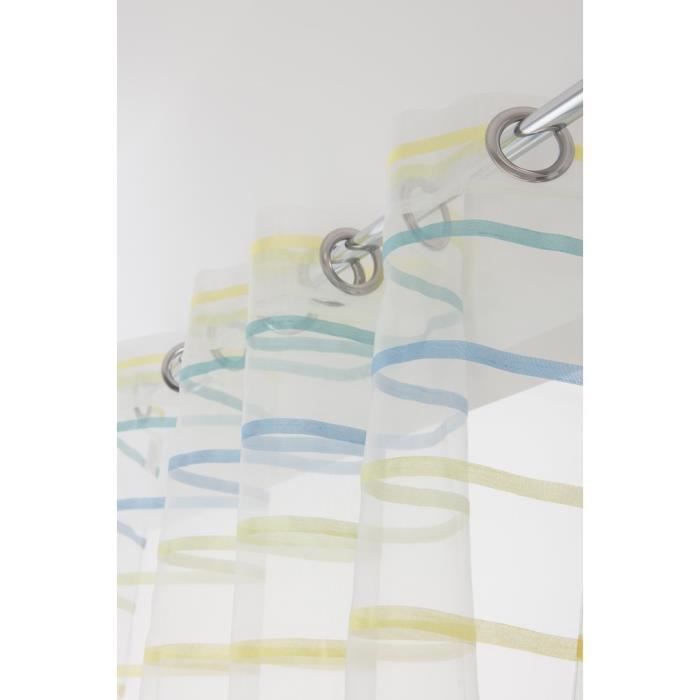 Voilage à Oeillets 140 x 240 cm Tissu Léger Transparent à Fines Rayures Multicolores Jaune/Bleu/Vert Bleu