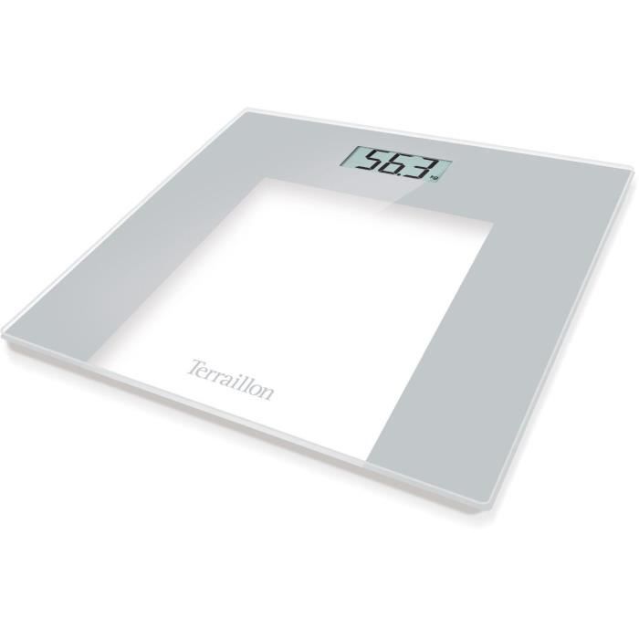 TERRAILLON - Pèse Personne Électronique, Ultra-Plat, Marche/Arrêt Automatique, Grand Écran LCD, 150kg, TP1000 Glass, Gris