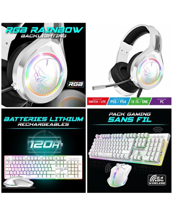 Spirit Of Gamer CLAVIER semi mécanique Blanc sans fil WIRELESS RGB PRO + SOURIS sans fil RF 2.4 GHz RGB Rainbow 4800dpi + Casque Gamer - vue 1
