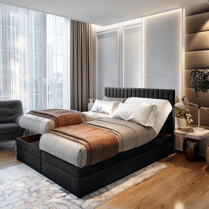 Lit adulte ADÈLE - ensemble matelas+sommier relaxation électrique - 140x200 cm - velours noir Lit adulte ADÈLE - ensemble matelas+sommier relaxation électrique - 140x200 cm - velours noir