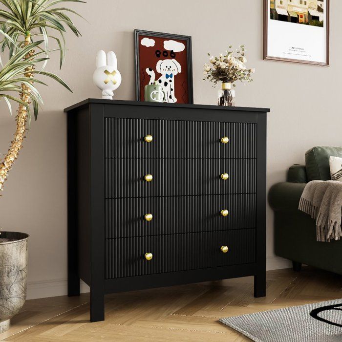 Commode - LANGTU - 5 tiroirs - Noir - Poignées plaquées or - 79 x 39 5 x 80 5 cm