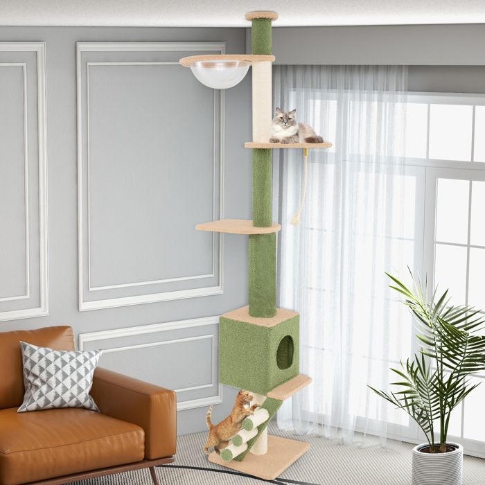 Comparer les prix de GOPLUS Arbre à Chat avec Haute Réglable de 218-253 CM, Tour à chat avec Capsule Spatiale, Condo, Poteaux à Griffer en Sisal,