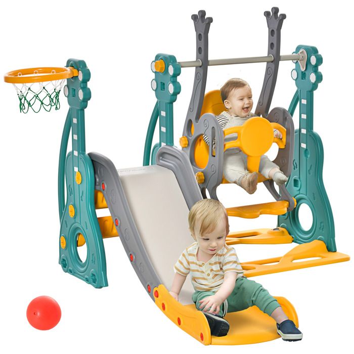 Toboggan et balançoire pour enfants - HOMCOM - 4 en 1 - panier de basket siège réglable - HDPE et PP - 152x149x107cm - bleu jaune