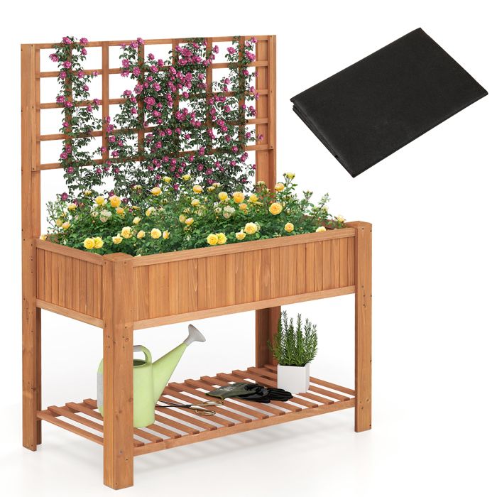 Jardinière Surélevée avec Treillis COSTWAY Bois de Sapin Doublure Étagère de Rangement Drainage pour Plantes Grimpantes Marron Jardinière Surélevée avec Treillis COSTWAY Bois de Sapin Doublure Étagère de Rangement Drainage pour Plantes Grimpantes Marron