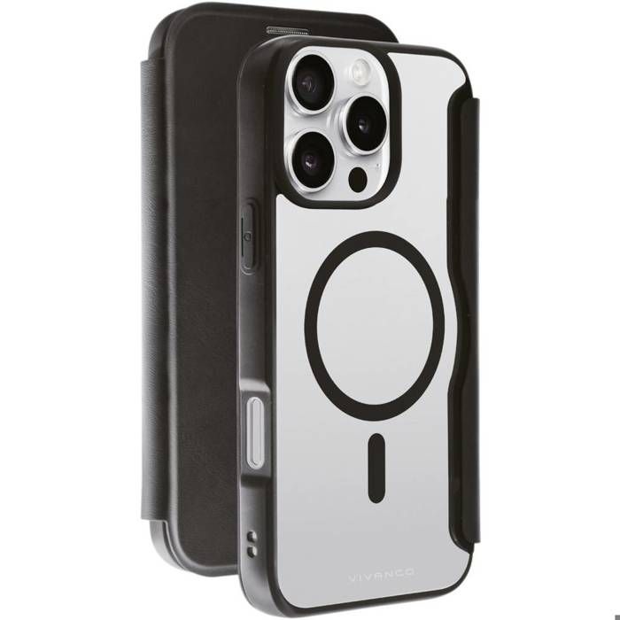 Vivanco MAG PREMIUM Étui portefeuille Apple iPhone 16 Pro Max noir chargement par induction étanche au sable étanche