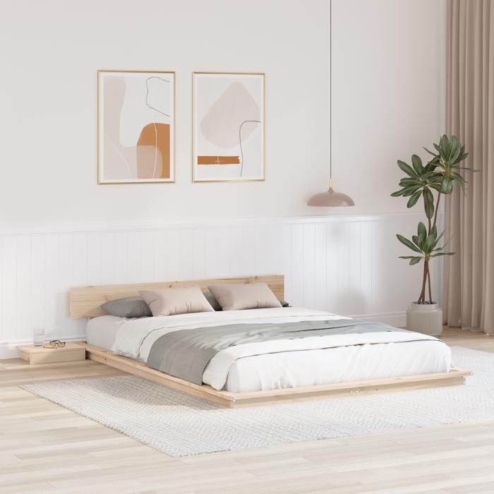 Moderne Lit 2 places - Cadre de lit adulte au sol avec tables de chevet 150x200 cm en bois massif FR(85173988)