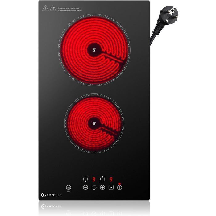 Plaque Vitrocéramique 2 Feux AMZCHEF Plaque de Cuisson 3300W 9 Niveaux de Puissance avec Minuteur Tactiles