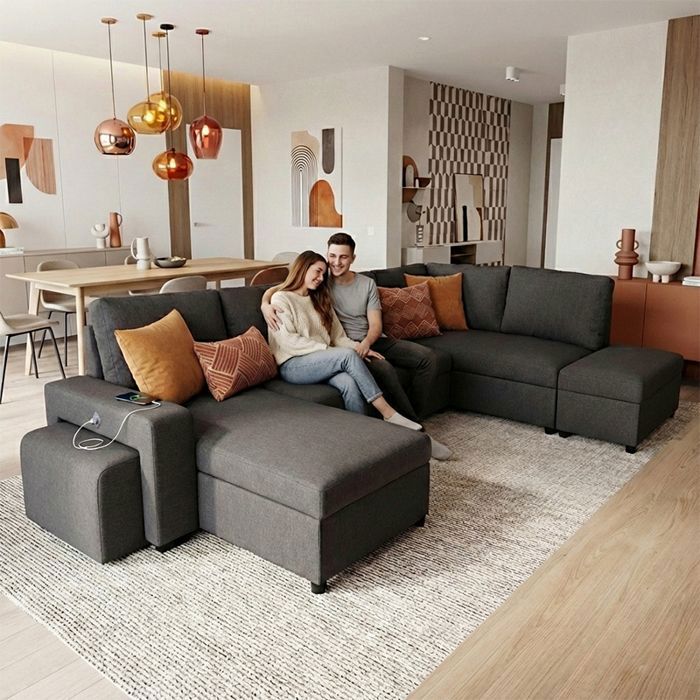VEGA Canapé dangle panoramique convertible Gris ANTHRACITE (tissu texturé) - Taille XL - 6 places - 326 x 157 x 83