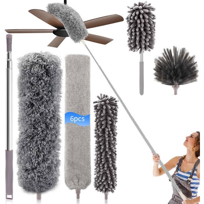 6 Pièces Plumeau Télescopique - Tête de Loup 30 - 254cm - Microfibre Lavable - avec Tête Nettoyage Différentes