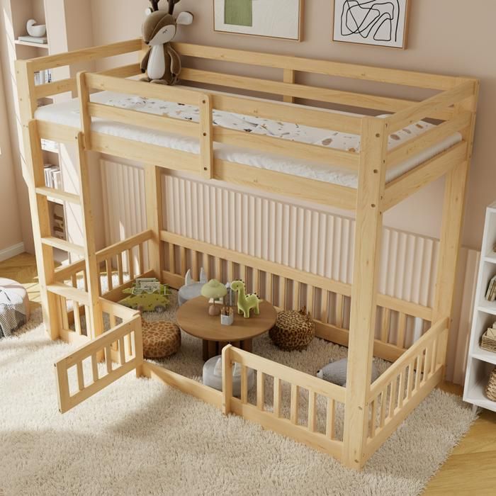 Lit Superposé Enfant 90x200 avec Barrière Sécurité et Porte - Bois Naturel - Lit Mezzanine Enfant avec Échelle et Espace Rangement