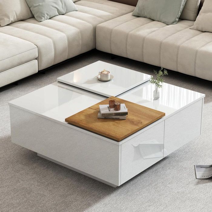 Table basse salon carrée moderne 75 x 75 x 33.5 cm avec étagères Table de salon avec petit plateau coulissant Blanc brillante