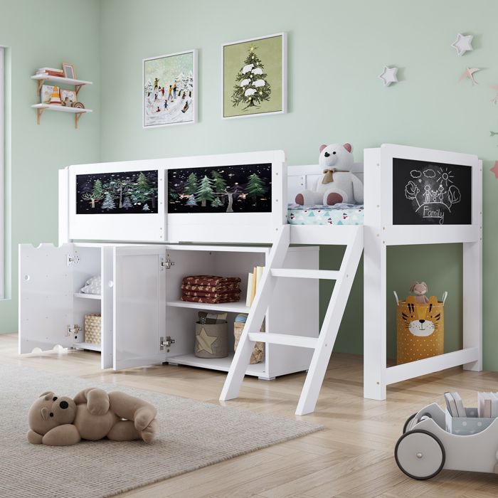 Lit superposé enfant 90 x 200 cm avec armoire 2 portes et tableau noir lit mezzanine en bois avec barrière de sécurité - Blanc