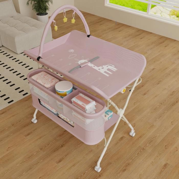 SUPFINE Table à Langer Mobile Commode à Langer Pliable avec Panier de Rangement Plan à Langer pour Nouveau-nés et Tout-Petits