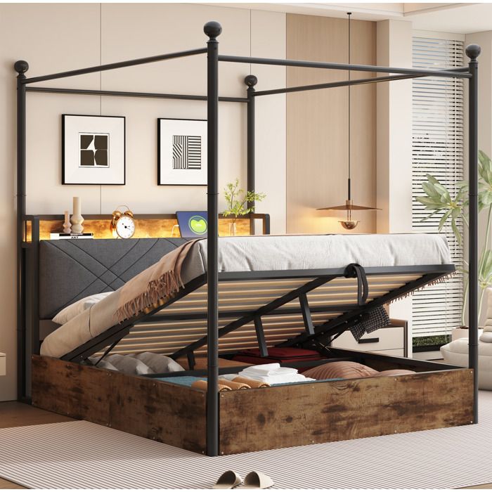 Lit coffre adulte 140x190 cm. LED. avec baldaquin amovible. port USB/Type-C. MDF. sans matelas. marron