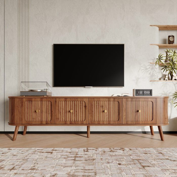 Meuble TV moderne meuble TV meuble TV bas. Quatre portes poignées dorées pieds en bois 180x38x47cm MDF Noyer