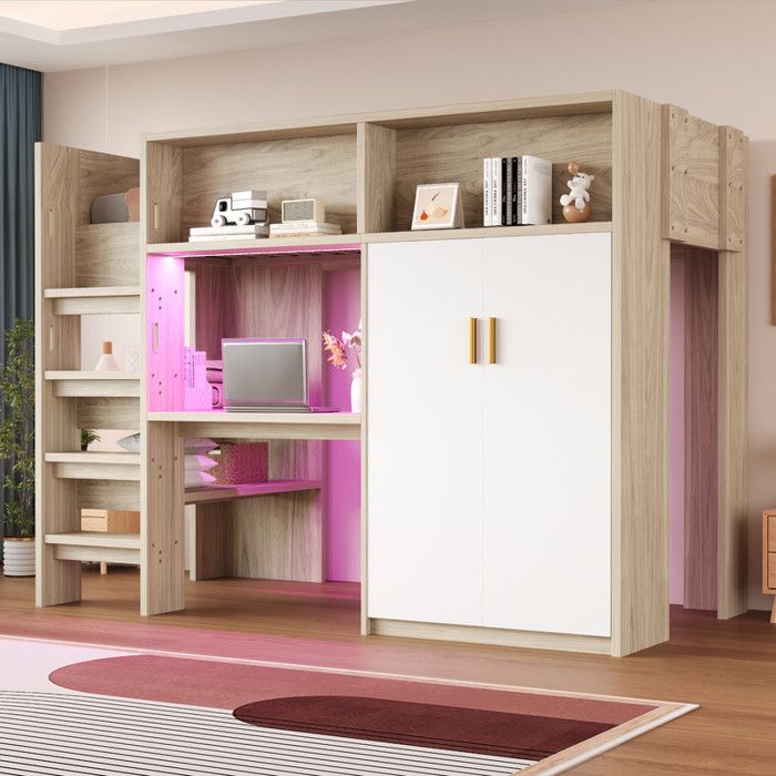 Lit mezzanine en bois 90x200cm avec bureau et éclairage LED lit superposé avec armoire étagères rangements naturel(sans matelas)