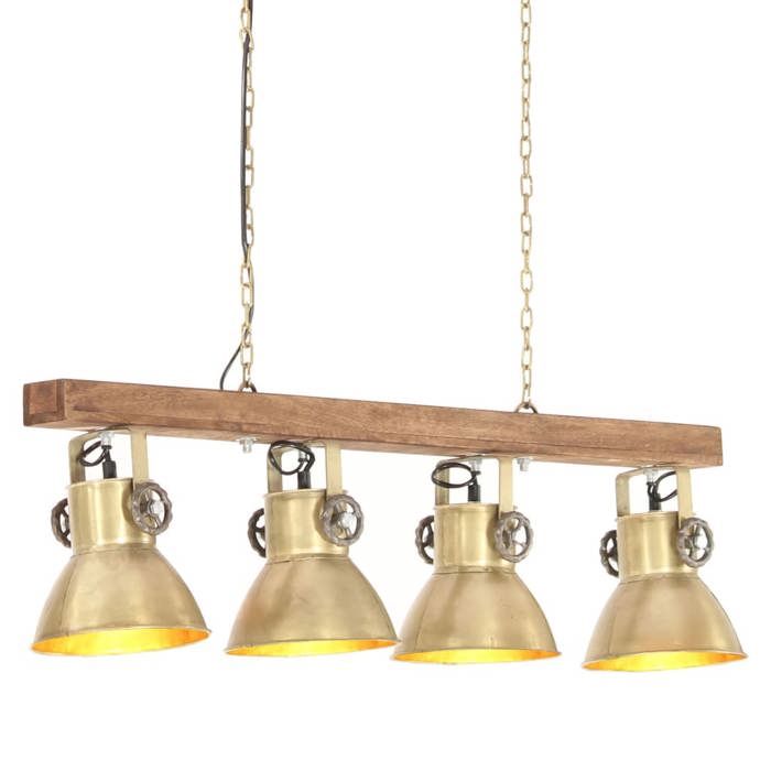 Plafonnier industriel - vidaXL - Laiton et bois de manguier - 90x17x25 cm - 4 abat-jour - Douille E27 - Max 25 W