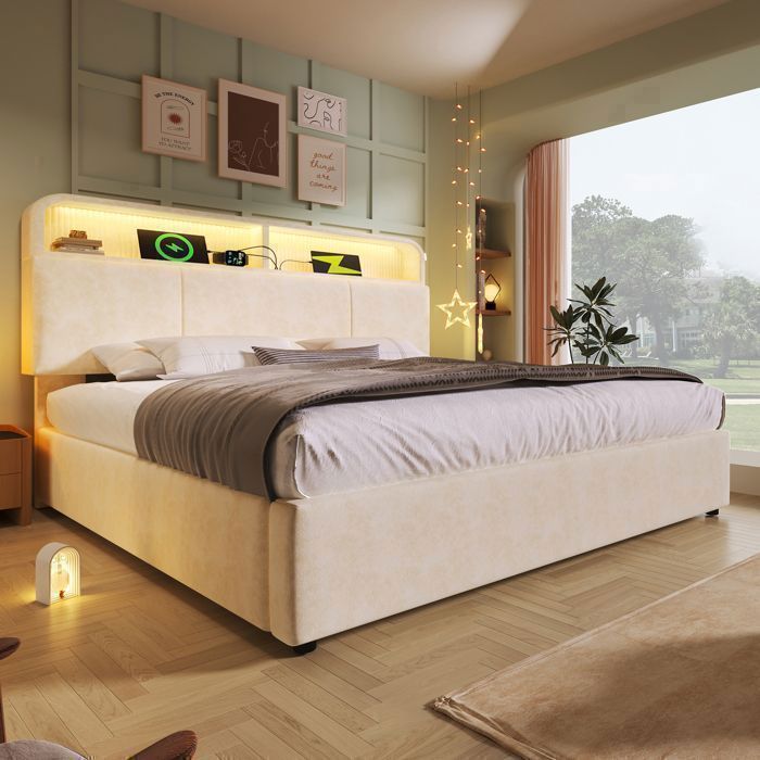 Grand Lit Coffre 180x200 cm - en Velours Beige - avec USB/Type-C - LED 16 Couleurs - Coffre Hydraulique -MERAX Grand Lit Coffre 180x200 cm - en Velours Beige - avec USB/Type-C - LED 16 Couleurs - Coffre Hydraulique -MERAX