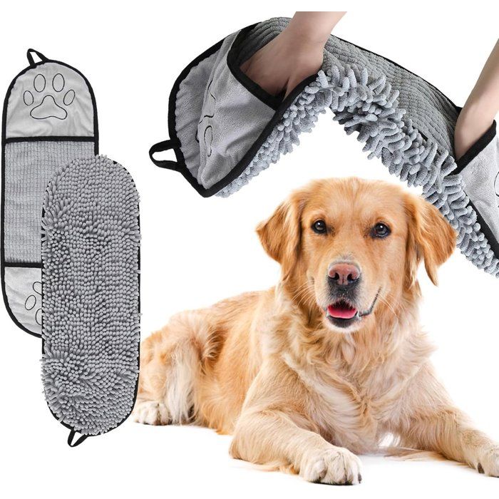 Lot de 2 serviettes microfibre grises pour chien 22x53 cm absorbantes.