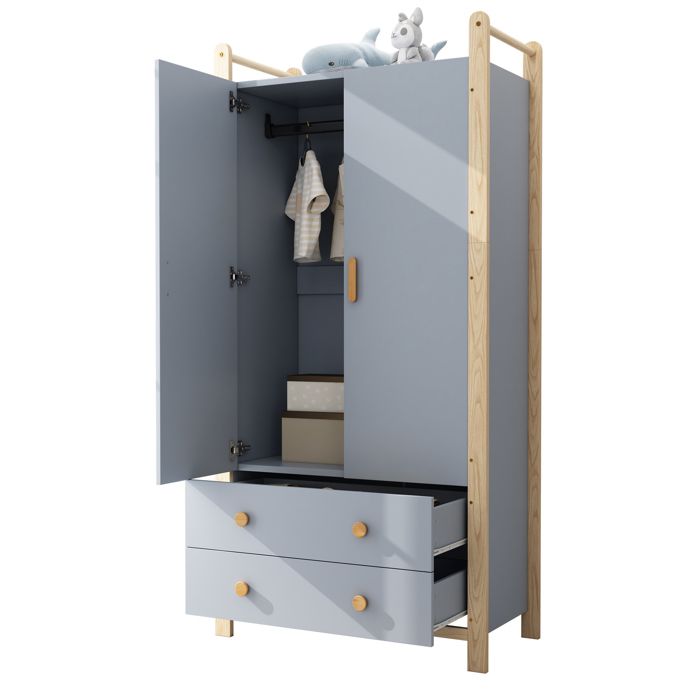 Penderie Enfant avec 2 Portes Tiroirs et Étagères Meuble Chambre Polyvalent en MDF Cadre Épicéa - Bleu et Bois Naturel