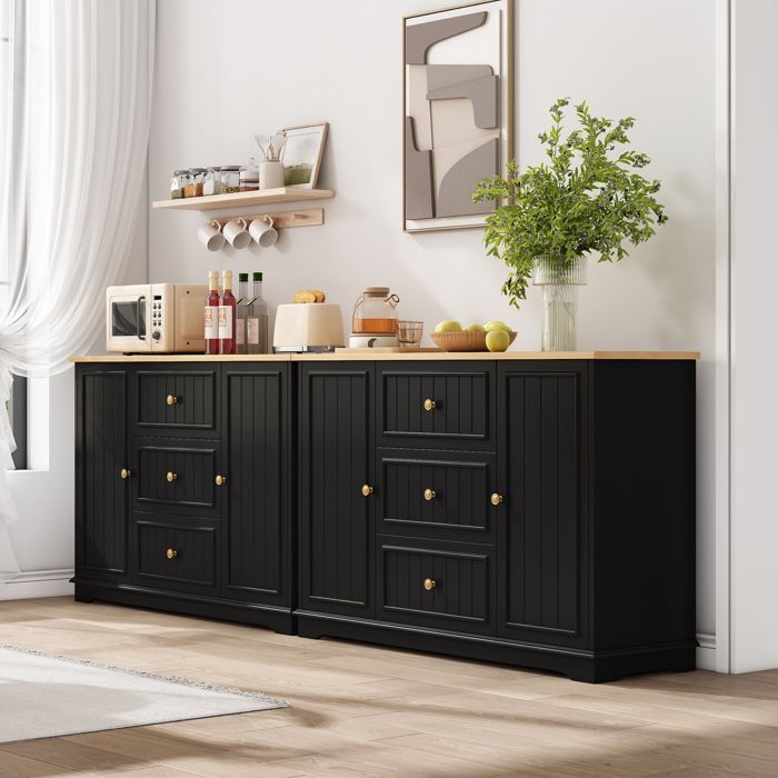 Buffet de cuisine 126x40x86 cm 3 tiroirs avec portes galbées meuble de rangement pour salle à manger salon et entrée - MDF - noir