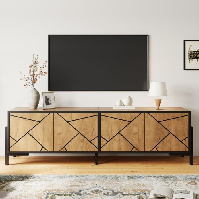 Meuble TV 153x40x50cm meuble bas support TV 4 portes pour les téléviseurs denviron 65 pouces couleur bois naturel lignes noir