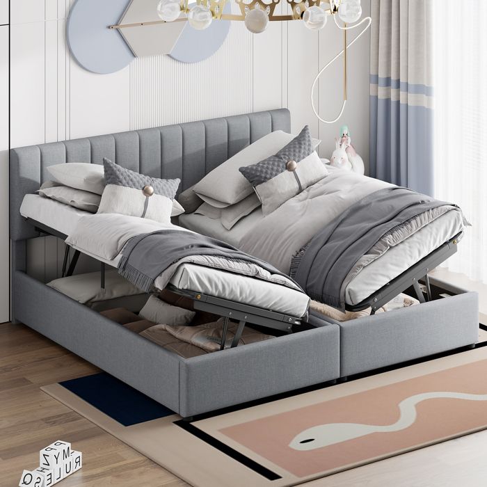 Lit coffre 180x200 gris avec sommier relevable lit double séparable en deux lits 90x200 tissu lin anti-tache charge 300 kg