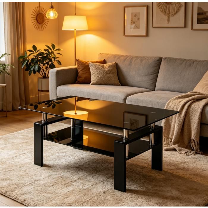 Table Basse avec verre trempé 2 niveauxTable avec cadre en métalpour Salon ChambrePetite Table de Basse Moderne100x60x44cmNoir