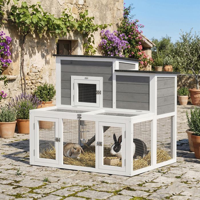 Clapier Lapin Extérieur en Bois Cage à Lapin Intérieur Double Toit Ouvrant Imperméable 2 Niveaux avec Enclos Gris