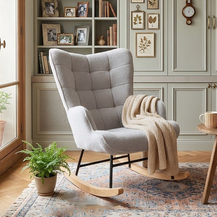 Fauteuil de Relaxation Gris Clair - Revêtement Teddy Moelleux - Style Chic avec Dossier Quadrillé - Idéal pour Coin Lecture ou Bébé