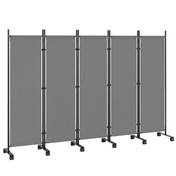 Paravent - Outsunny - pliant 5 panneaux 12 roulettes clips de connexion - acier polyester - 252x40x170cm - gris foncé