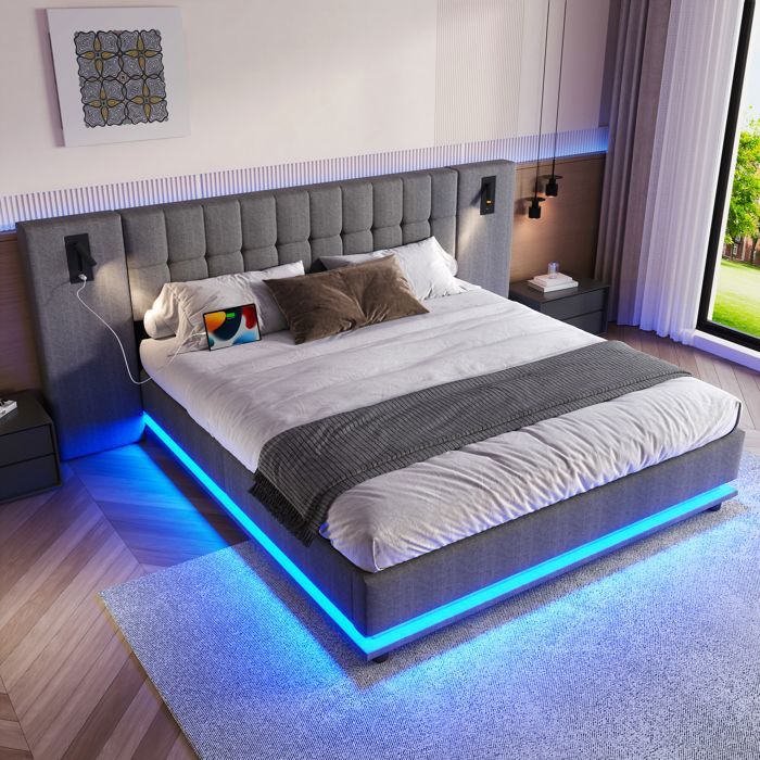 Lit rembourré 180×200 cm gris au design minimaliste moderne lit double équipé d’éclairage LED lampe de lecture et port USB intégré