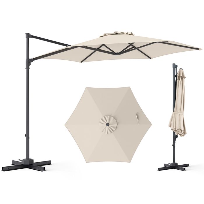 Parasol Déporté Hexagonale 305 cm COSTWAY Base en Croix Rotation Réglable 360° Protection UV Ombrage Parasol de Jardin Beige