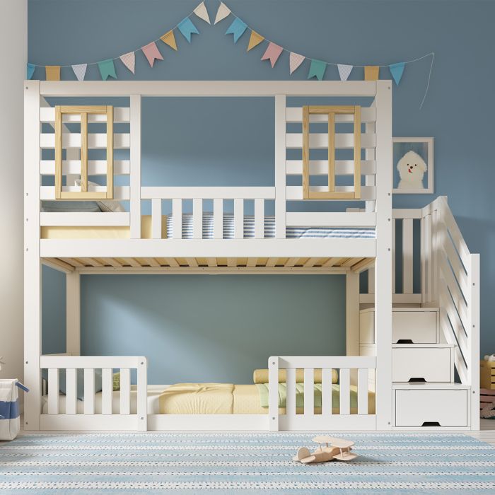 Luscriate - Lits superposés 90x200 cm lits enfants lits cabine avec fenêtres bois et escalier rangement - blanc