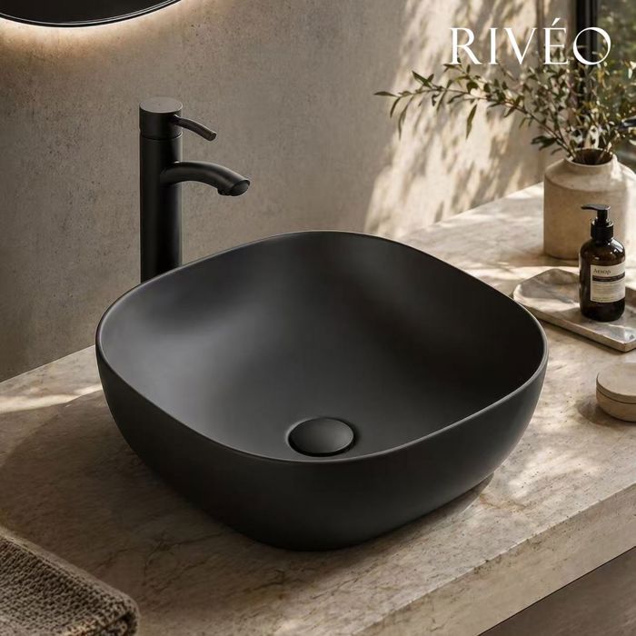 Vasque à poser carrée noire 425x425 cm - Céramique mate avec bonde assortie incluse - Rivéo