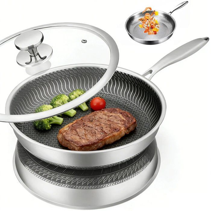 Poêle antiadhésive 28cm – Acier inoxydable –  Résistante aux rayures – Tous feux dont induction