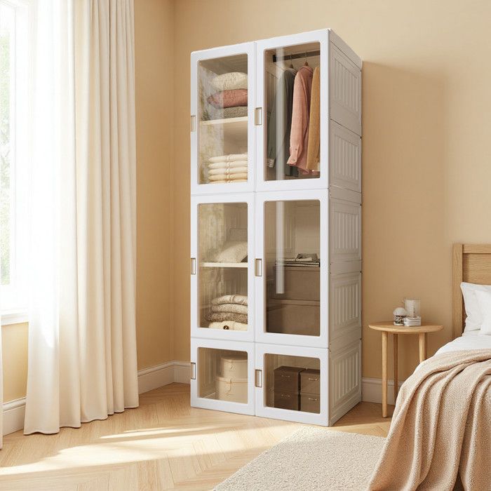 Armoire transparente 10 compartiments 6 portes 120x50x180cm tringle 6 tiroirs PP PET blanc – Rangement chambre design moderne